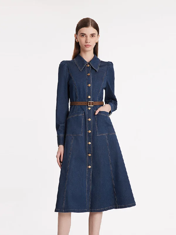 Relaxed Jackets Single-Breasted Lapel Women Midi Denim Dress With Belt