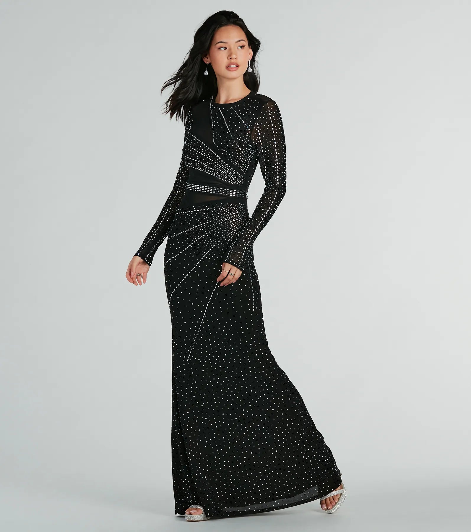 Must-have For Autumn And Winter Sofia Long Sleeve Rhinestone Mesh Mermaid Dress