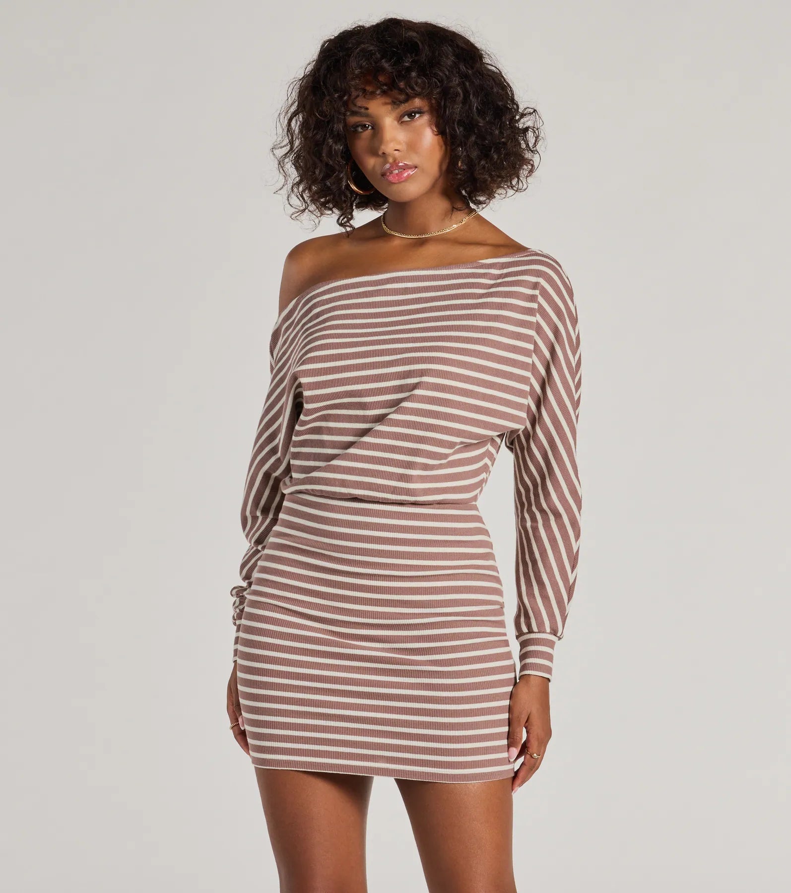 Relaxed Fit Stripes In Style Off The Shoulder Mini Dress