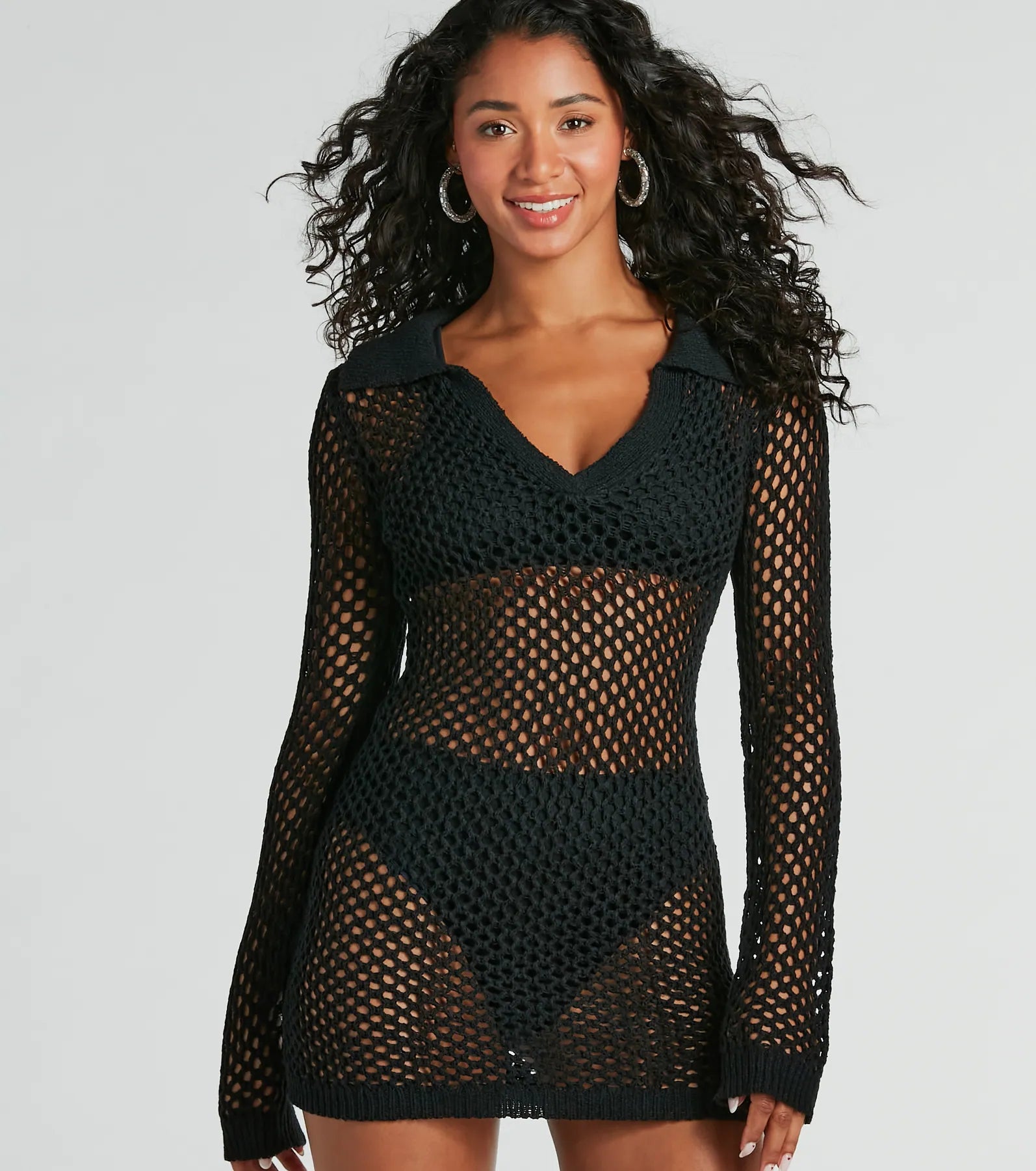 Elegant And Charming Strolls On The Beach V-Neck Crochet Mini Dress