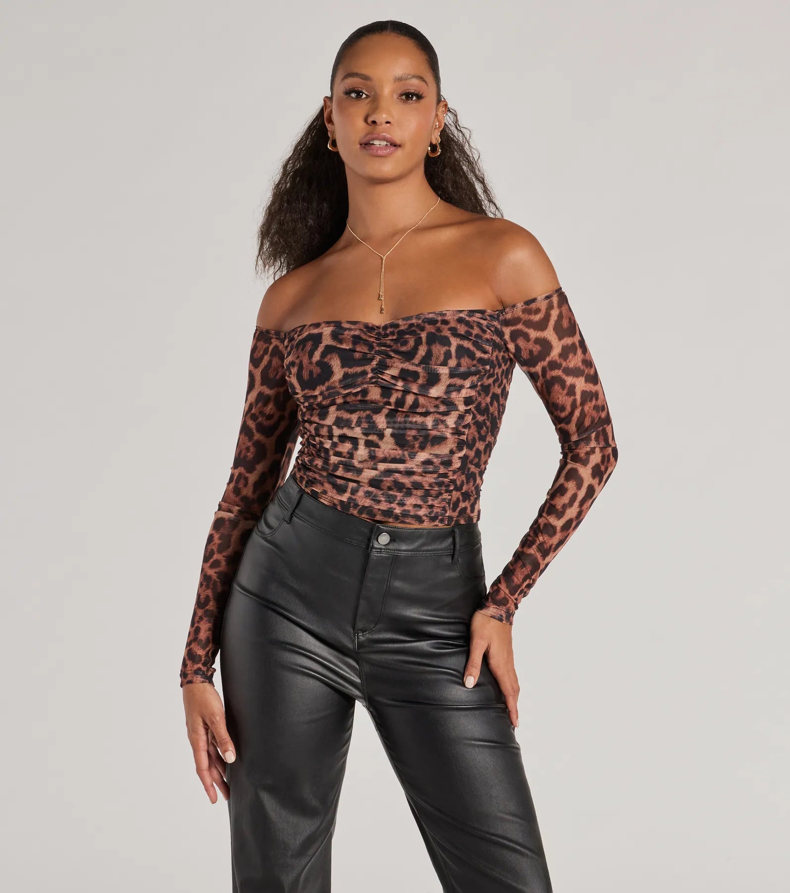 Trendy Layers Sultry Leopard Print Mesh Off-The-Shoulder Top