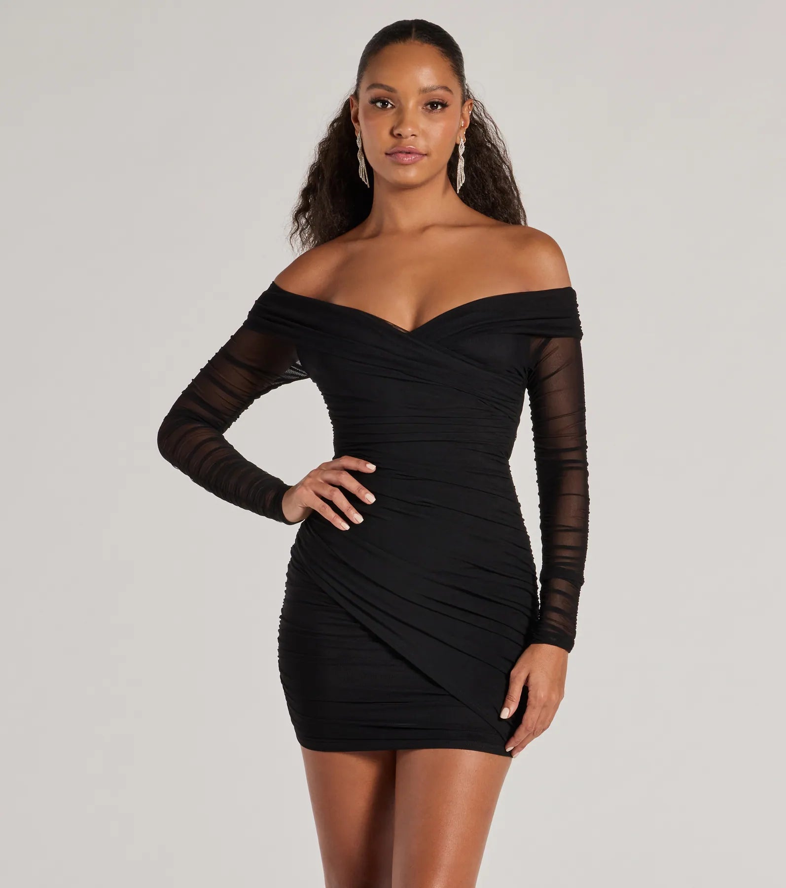 High-end Fashion Sultry Looks Mesh Off-The-Shoulder Bodycon Mini Dress