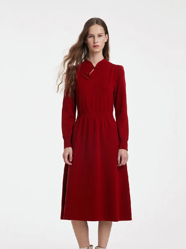 Fashionable And Versatile Tencel Wool Cheongsam Button Gathered Waist Women Qipao Dress