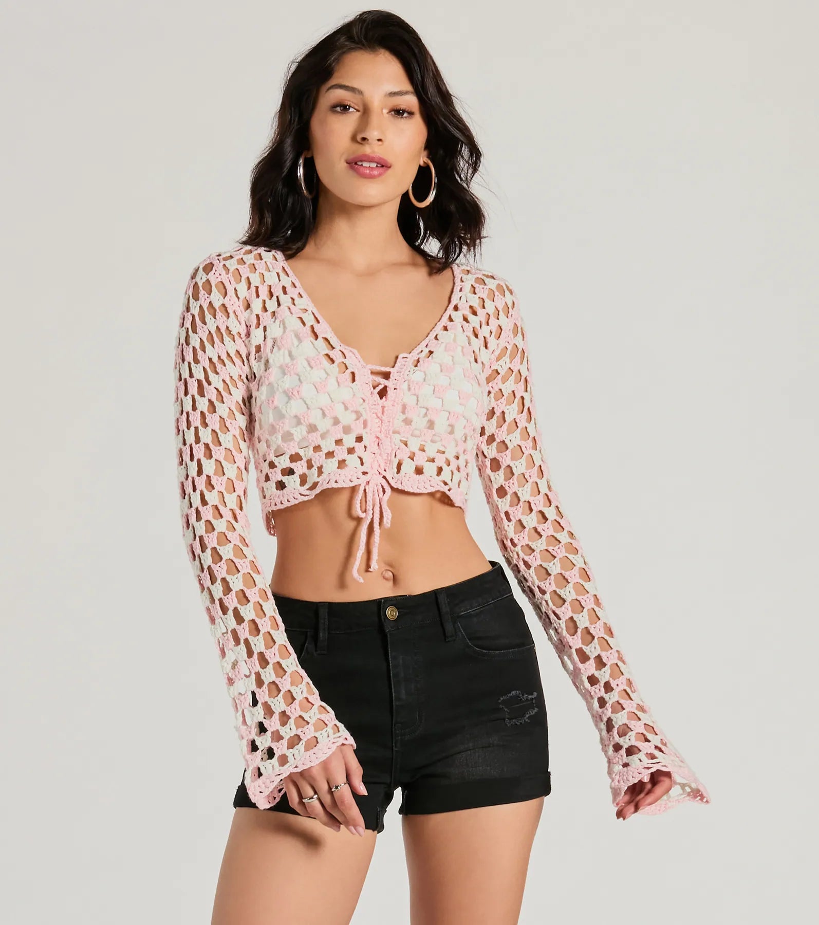 Minimal Comfort Total Trend Long Sleeve Checker Crochet Sweater