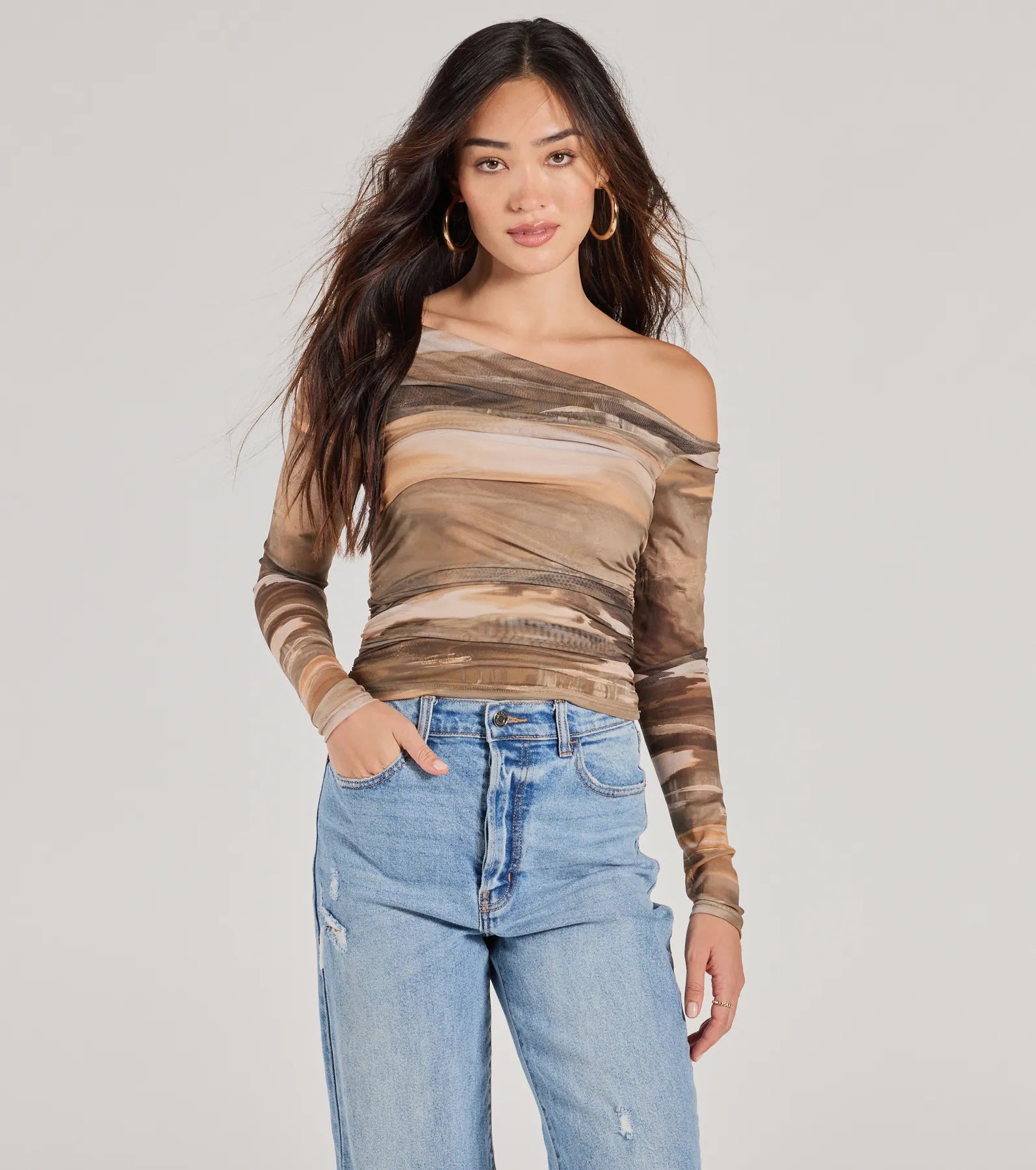 Soft Clothing Trendy Abstract Mesh Off-Shoulder Top