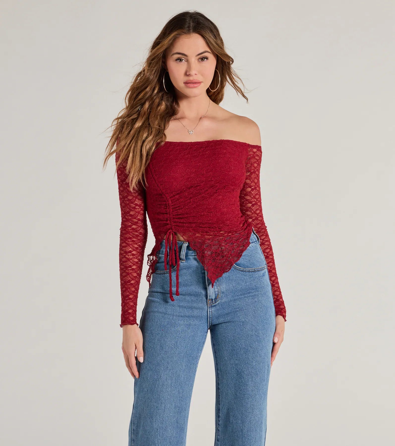 Comfortable Fashion Trendy Babe Off-The-Shoulder Ruched Lace Top