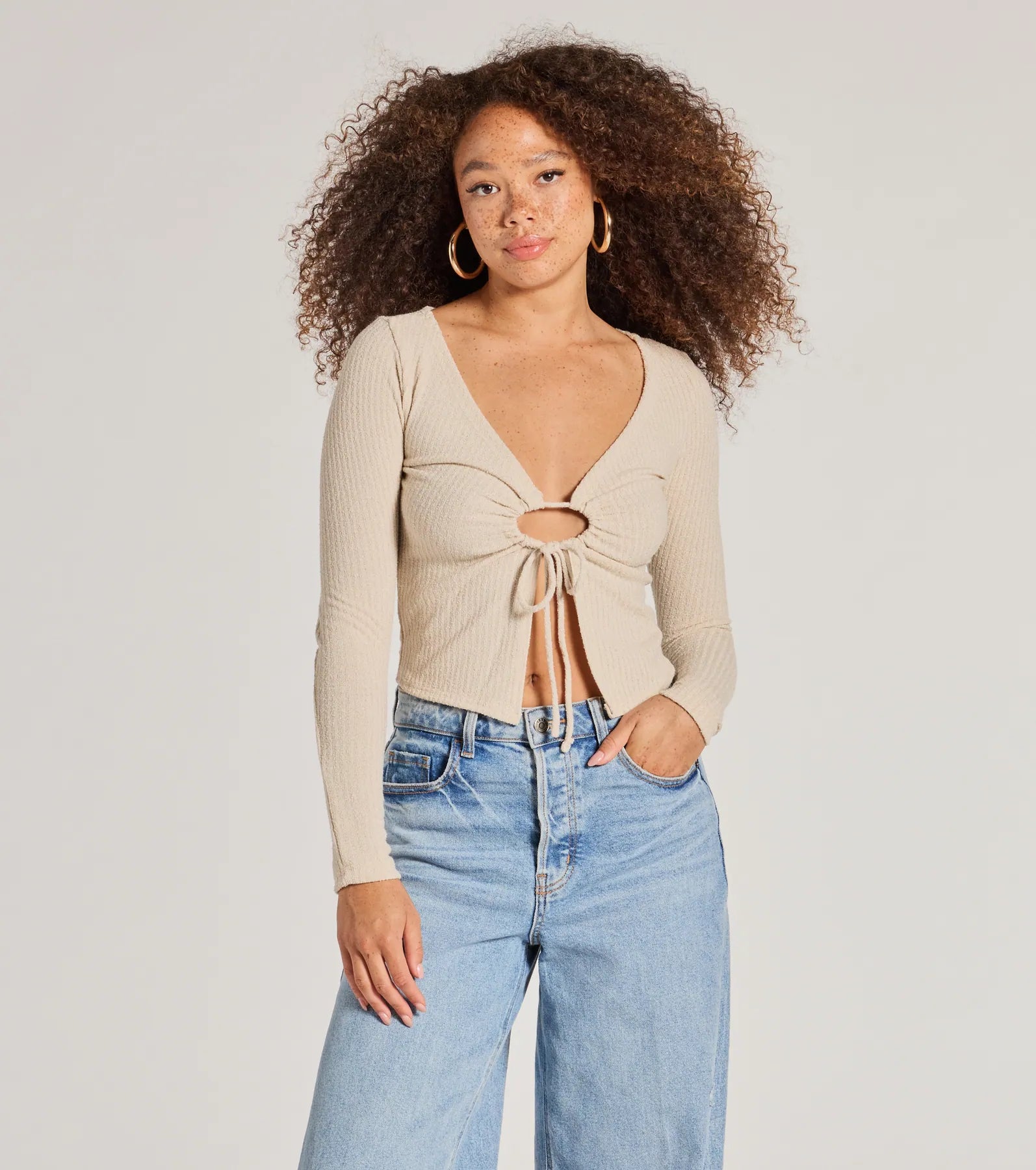 Relaxed And Casual Trendy Casual Long Sleeve Tie-Front Top