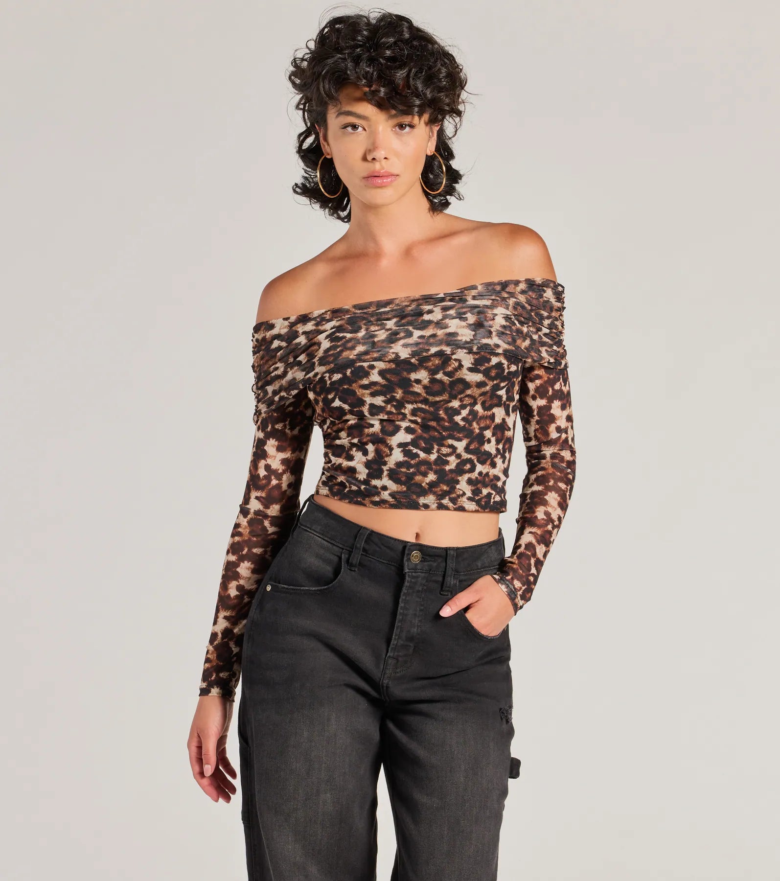 Minimalism Trendy Chic Leopard Print Mesh Off-The-Shoulder Top