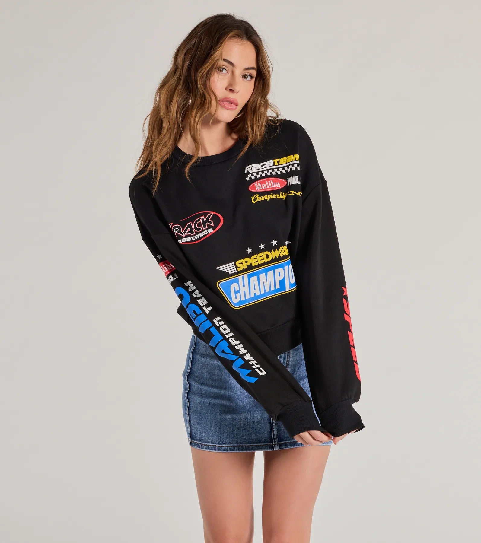 Integrated Design Trendy Moto Graphic Fleece Pullover Sweatshirt