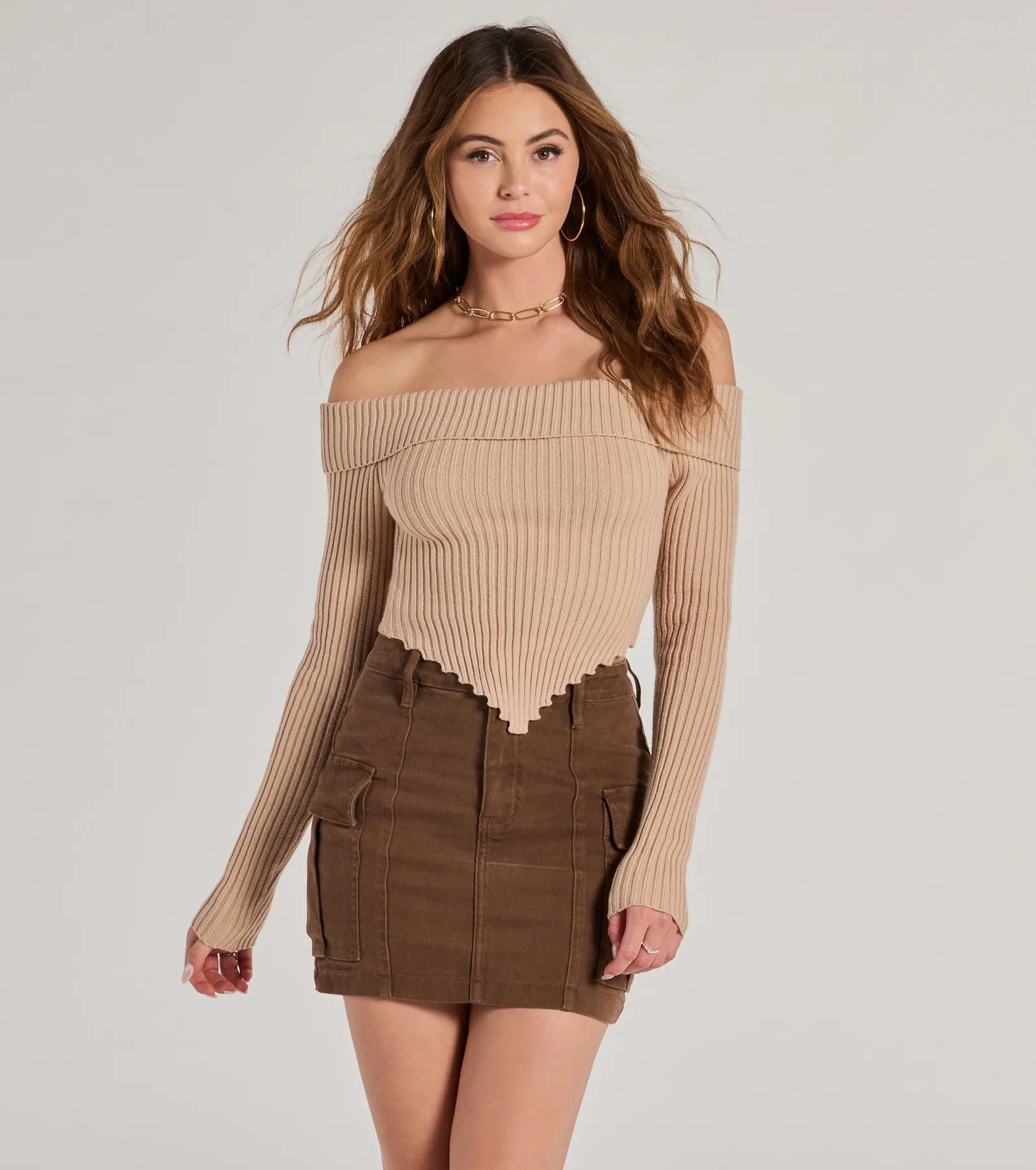 European Plan Trendy Textures Ribbed Knit Off-The-Shoulder Top