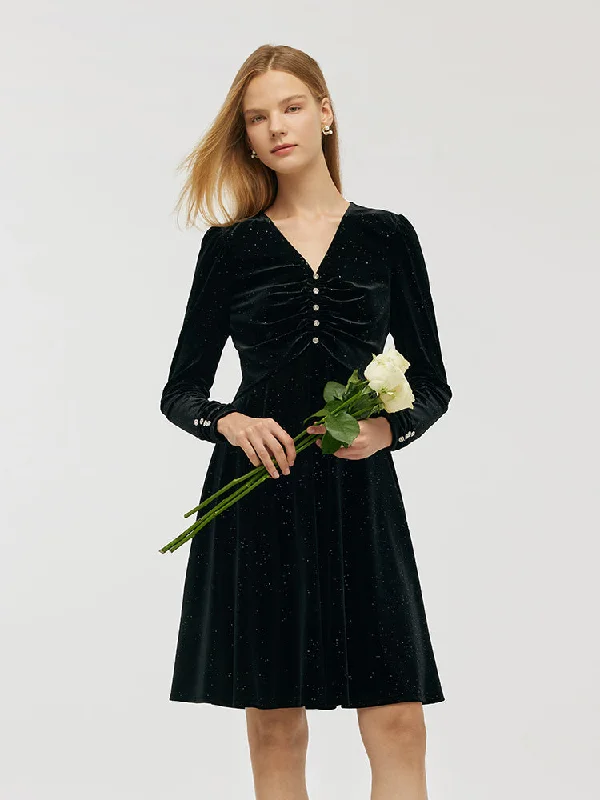 Relaxed Weekend Wear Velvet V-Neck Women Mini Dress