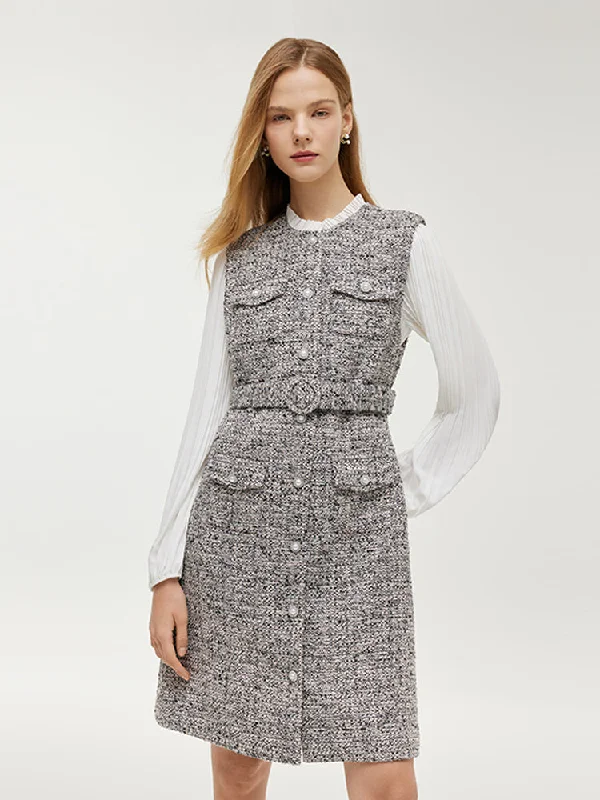 Noble Temperament Wool Blend Lantern Sleeve Women Mini Dress With Belt
